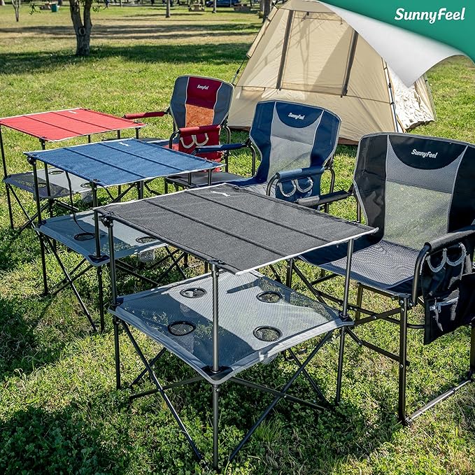 SUNNYFEEL Folding Camping Table- Collapsible Portable Beach Table with 4 Cup Holders &amp Carry Bags Tailgate Table for Outdoor Excursion Picnic Hiking Fishing Travel Parties Black