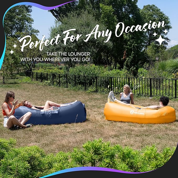 Nevlers Navy &amp Saffron Inflatable Lounger 2 Pack | 210T Polyester Blow Up Couch | No-Pump Inflatable Chair Set | Air Couch w/ 450 lbs. Capacity Pockets &amp Carry Bags for Use as Beach Accessori