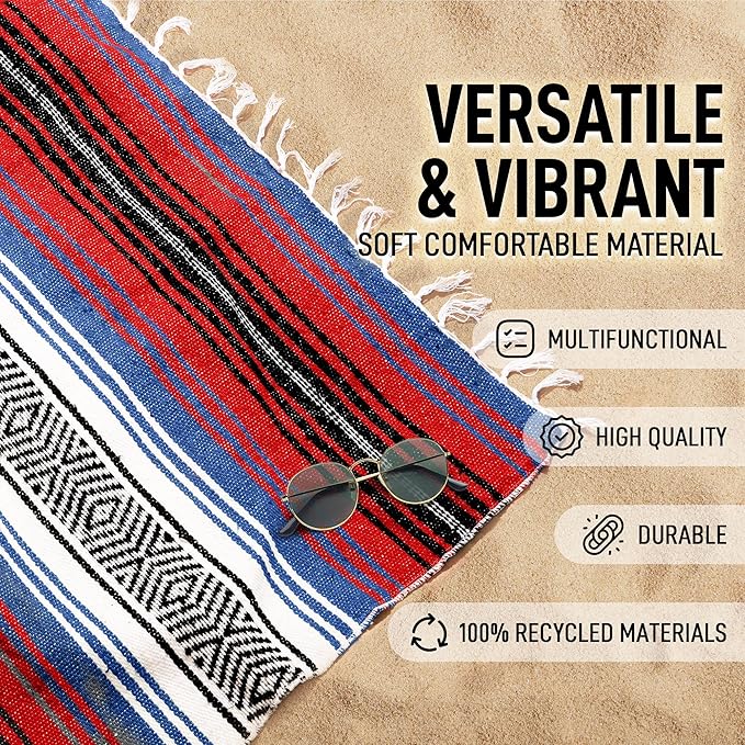 Hydration Nation Authentic Large Handwoven Mexican Striped Throw Blanket - Soft Durable Eco-Friendly - 70x50 - Mariner