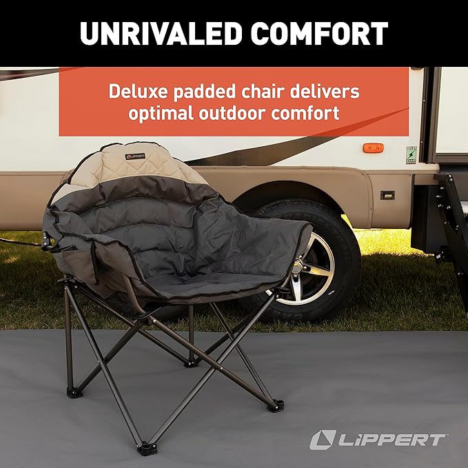 Lippert Big Bear Duotone Camping Chair - Dark Grey with Sand Accent Comfortable Round Shape Oversized Pillow Cushions Powder Coated Steel 600D Polyester Fabric 300 lb. Capacity 2022114817