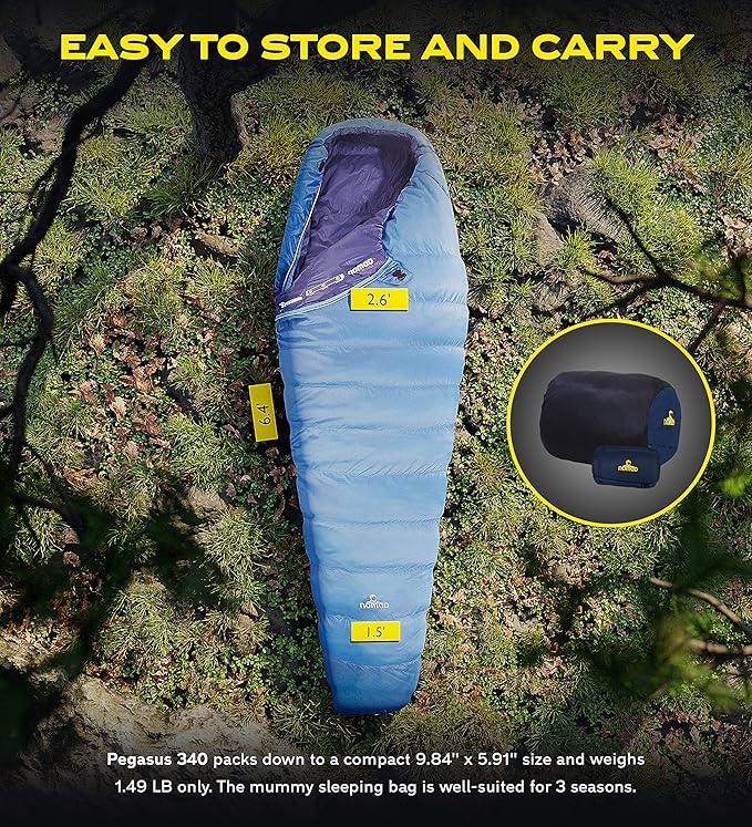 NOMAD Pegasus 340 Lightweight 3-Season Mummy Sleeping Bag with 3D Polardown Zips to Double Bag 675g for Camping