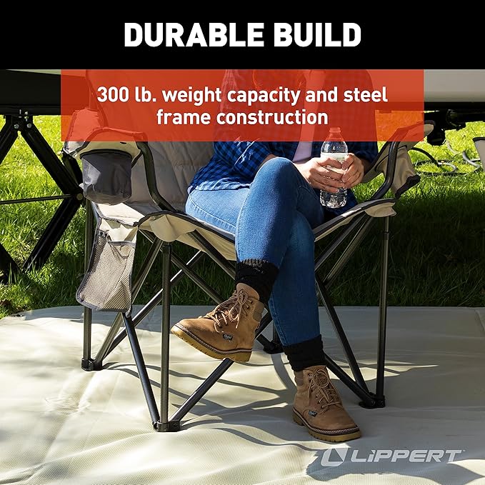 Lippert Campfire Deluxe Folding Chair - Sand High-Loft Foldable Cushion Chair Dual Cup Holders Power Coated Steel Frame Durable 600D Outdoor Polyester Fabric 500 lb. Capacity 2022114819