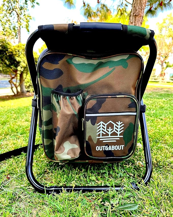 Out&ampAbout 3-in-1 Backpack Stool Cooler Chair 400 LBS Max Load Portable Folding Fishing Cooler Stool - Camo