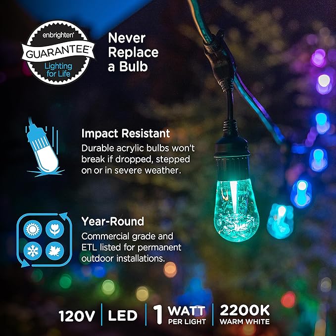 Enbrighten Vintage Outdoor String Lights 24ft 12 RGB Acrylic Bulbs Weatherproof RF Remote Control Perfect for Holidays Gameday Parties and More 37791