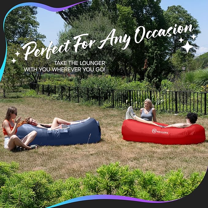 Nevlers Navy &amp Red Inflatable Lounger 2 Pack | 210T Polyester Inflatable Couch | No-Pump Blow Up Chair Set| Inflatable Sofa w/ 450lbs Capacity Pockets &amp Matching Bag for Use as Festival Acces