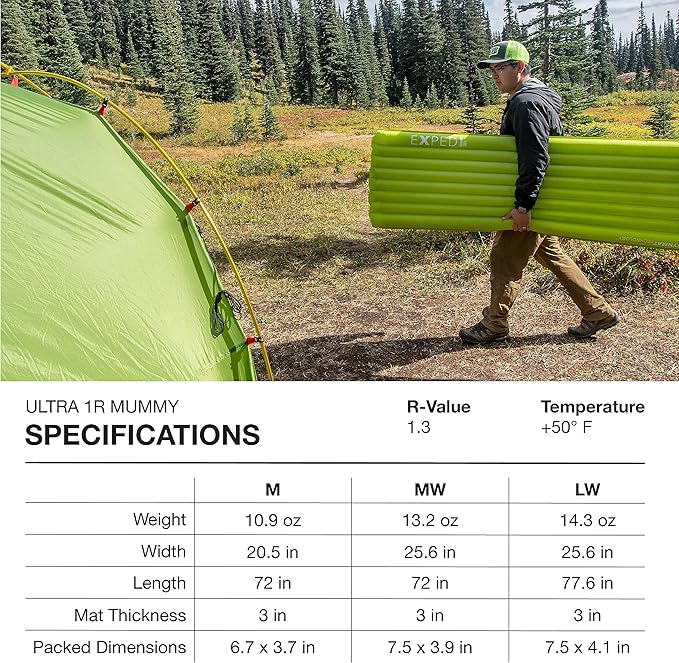 Exped Ultra Series: 1R 3R 6.5R 8R 10R Single &amp Duo - Lightweight Backpacking Mat - Packable and Comfortable - Sleeping Pad with Pumpbag for Self-Inflation