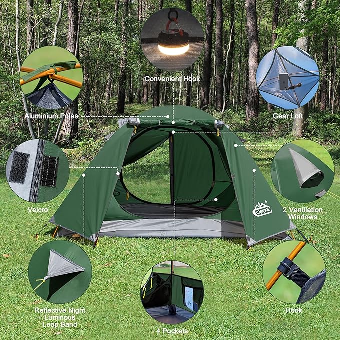 2-3 Person Backpacking Tent with Double Door 2 Vestibule Waterproof Windproof Lightweight Easy Set Up 3 Season 2 Man Two Person Tent for Camping Hiking Motorcycle Mountaineering with UPF 50+