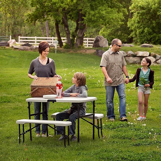 LIFETIME 80373 Portable Folding Camping RV Picnic Table and Bench Set Almond