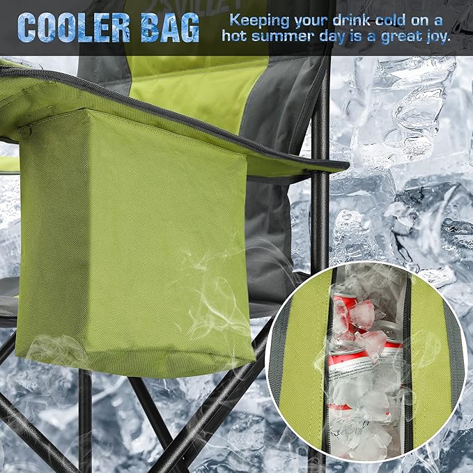 VILLEY Camping Chair Oversized Folding Camp Chair Portable Outdoor Chairs Support 400 LBS with Padded Seats Cooler Bag Cup Holder Carry Bag Green