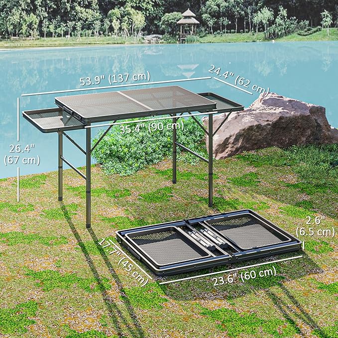 Outsunny Folding Grill Table 4.5 ft Portable Camping Table with 2 Wing Panels Height Adjustable Metal Outdoor Table with Mesh Desktop for Picnic Beach BBQ Party Black
