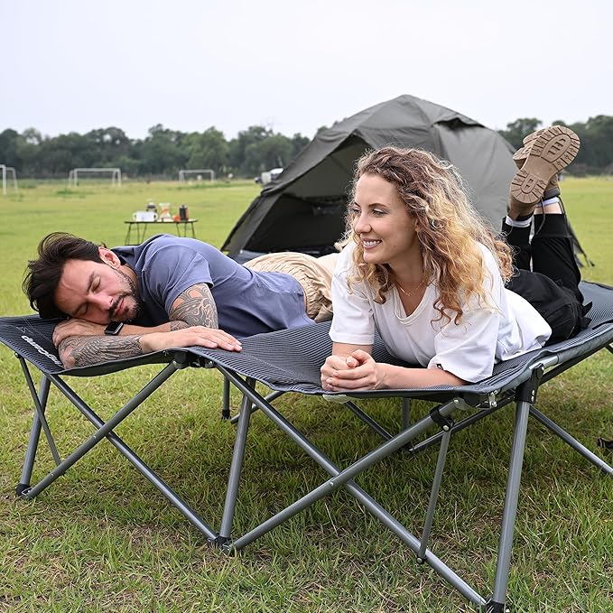 KingCamp 2 Person Queen Size Camping Cot Folding Portable Double 550lbs Heavy Duty Oversized Large Wide XXL Foldable Sleeping Bed with Carry Bag for Two Adult Outdoor Travel Tent Grey
