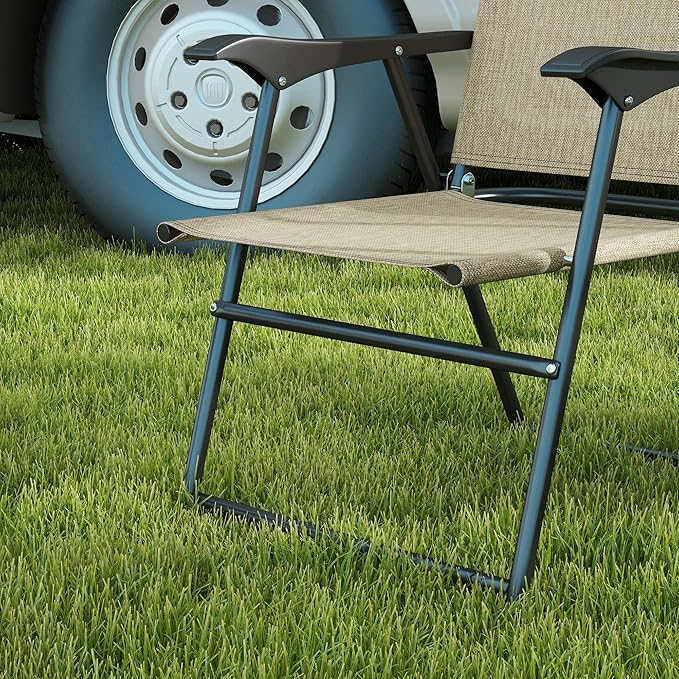 Folding Patio Chairs Set of 4 Sports Chairs for Adults Camping Chairs with Armrests Breathable Mesh Fabric Seat for Lawn Beige