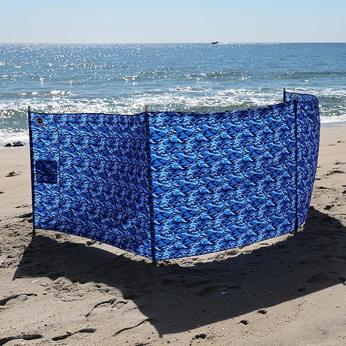 Ocean Camo Elite Beach Recycled Polyester Rip-Stop Extra Tall 42 Lightweight Windscreen Privacy Screen Wind Blocker Free Matching Shoulder Bag (New Mahogany Wood Poles)