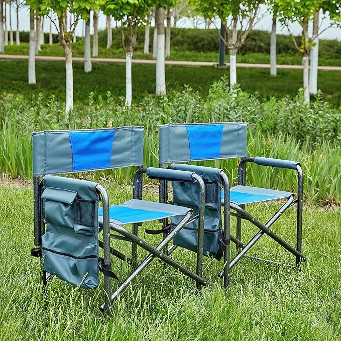 2-Piece Padded Folding Outdoor Chair with Storage PocketsLightweight Oversized Directors Chair for Indoor Outdoor Camping Picnics and FishingBlue/Grey