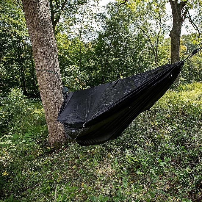 Go Camping Hammock 2.0 w/ Built-In Mosquito Net - Slate Gray by Go Outfitters: 11' Long X 64 Wide |Includes 2 Premium Aluminum Carabiners Rapid Deployment Bag 4 Stakes &amp 4 Shock Cords