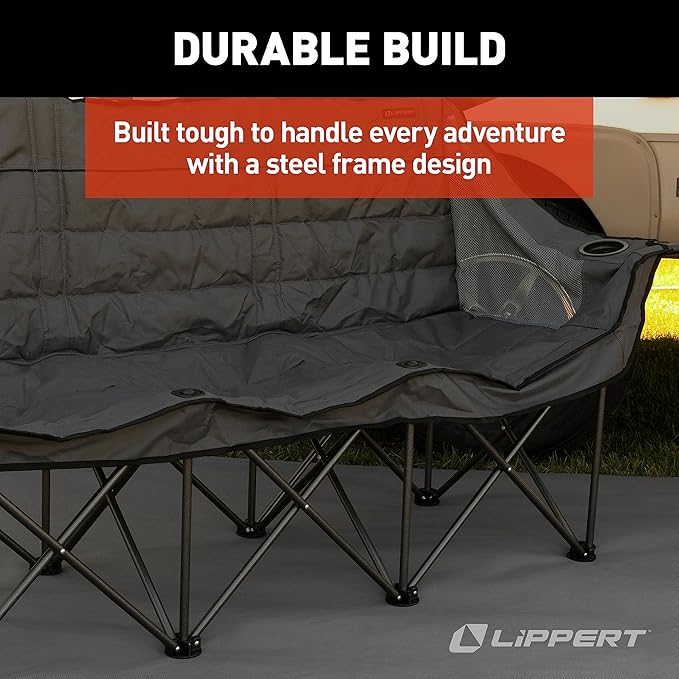 Lippert Campfire Folding Couch - Dark Grey High-Loft Foldable Sofa Dual Cup Holders Power Coated Steel Frame Durable 600D Outdoor Polyester Fabric 500 lb. Capacity 2022114796