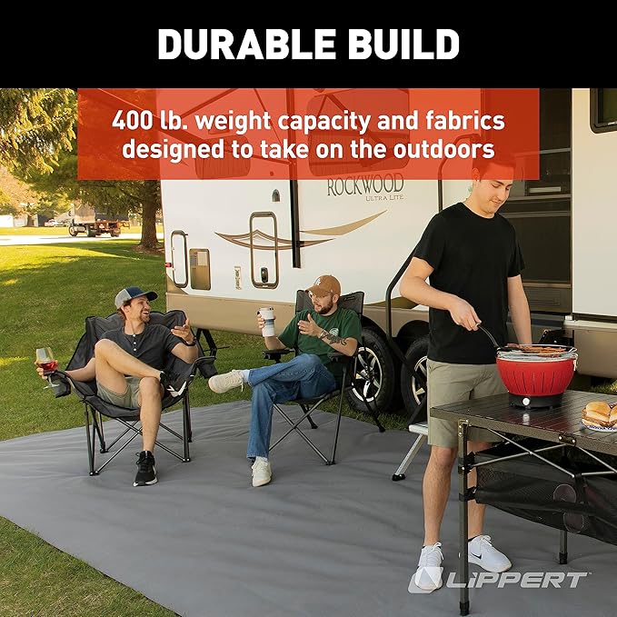 Lippert Big Bear Club Camping Chair - Dark Grey Comfortable Foldable Chair Oversized Pillow Cushions Dual Cupholders Powder Coated Steel 600D Polyester Fabric 400 lb. Capacity 2022114815