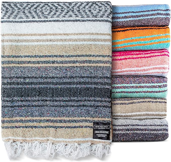 Benevolence LA Authentic Handwoven Mexican Blanket | Yoga Blankets Outdoor Picnic Beach Camping | Equestrian Saddle | Serape 50x70 inches - Sand Pack of 1