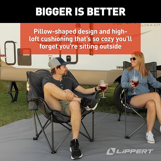Lippert Big Bear Club Camping Chair - Dark Grey Comfortable Foldable Chair Oversized Pillow Cushions Dual Cupholders Powder Coated Steel 600D Polyester Fabric 400 lb. Capacity 2022114815
