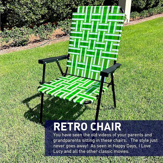 Lawn Chair Folding Steel Webbing Chaise Patio Lounger Seat Wood Handles Great for Camping Beach Fishing Backyard Stadium Pool Boating and Sports 4 Pack Green