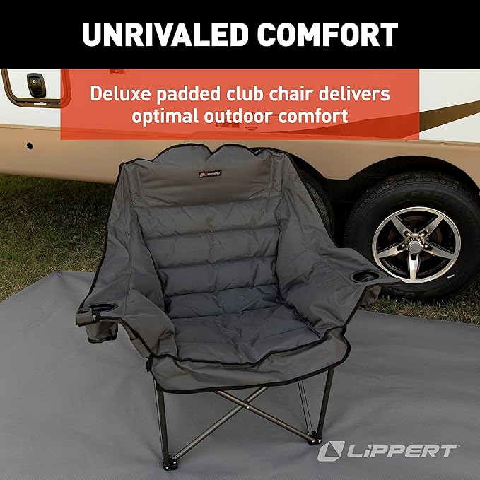 Lippert Big Bear Club Camping Chair - Dark Grey Comfortable Foldable Chair Oversized Pillow Cushions Dual Cupholders Powder Coated Steel 600D Polyester Fabric 400 lb. Capacity 2022114815