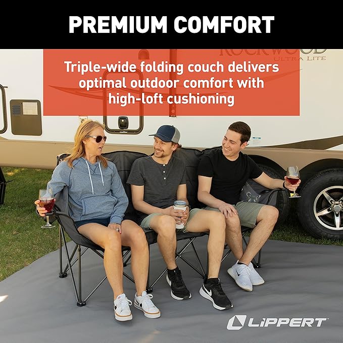 Lippert Campfire Folding Couch - Dark Grey High-Loft Foldable Sofa Dual Cup Holders Power Coated Steel Frame Durable 600D Outdoor Polyester Fabric 500 lb. Capacity 2022114796