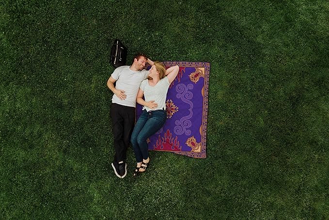 Picnic TIME Disney Aladdin Impresa Picnic Blanket Lightweight Folding Beach Blanket with Carry Backpack Machine Washable Water Resistant Fleece Picnic Mat (Black and White)