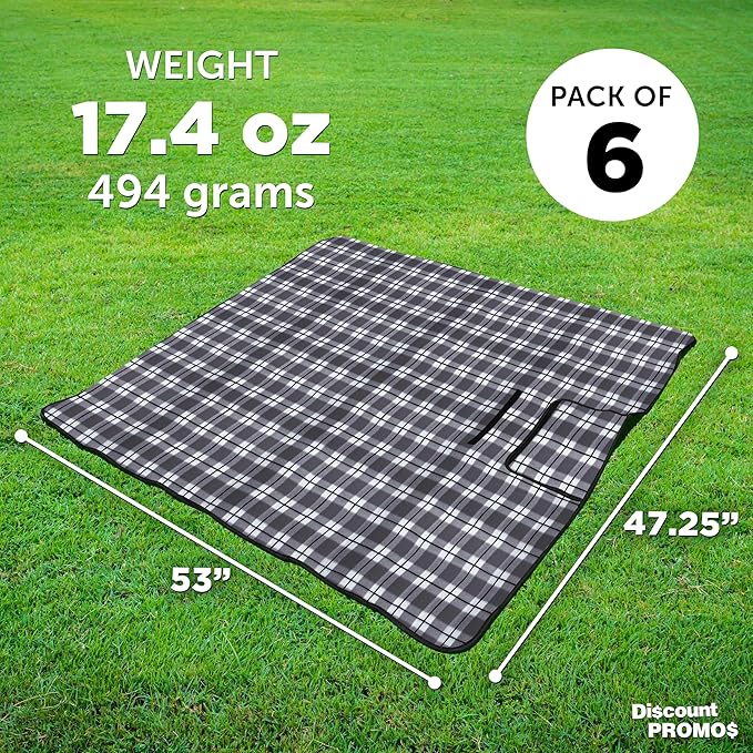 DISCOUNT PROMOS 6 Brookhaven Roll Up Picnic Blankets Set - Customizable Text Logo - Fleece Woven Handle - Grey