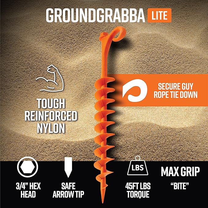 GROUNDGRABBA Lite Orange Tent Stakes - Tent Stakes for Sand | Screw in Earth Ground Anchors for Maximum Grip and Longevity in Soft Surfaces - 4 Pack