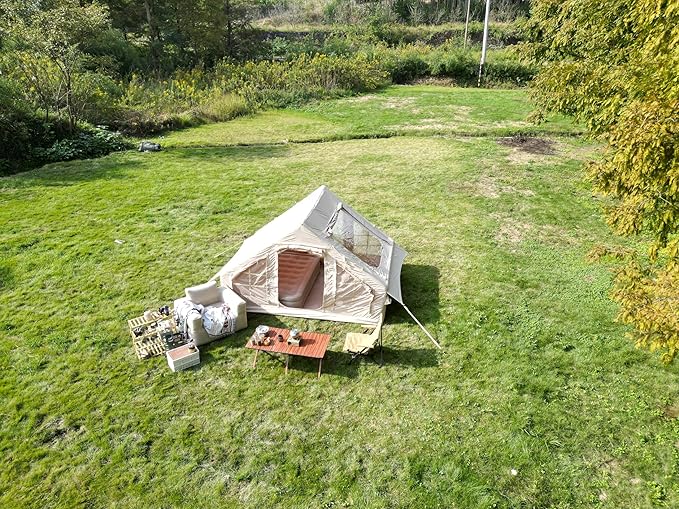 Inflatable Camping Tent Easy Setup 4 Season Glamping Tent Inflatable Structure 4-6 Persons Waterproof Windproof Outdoor Self-Supporting Blow up Tent Air Tent Portable House Beige