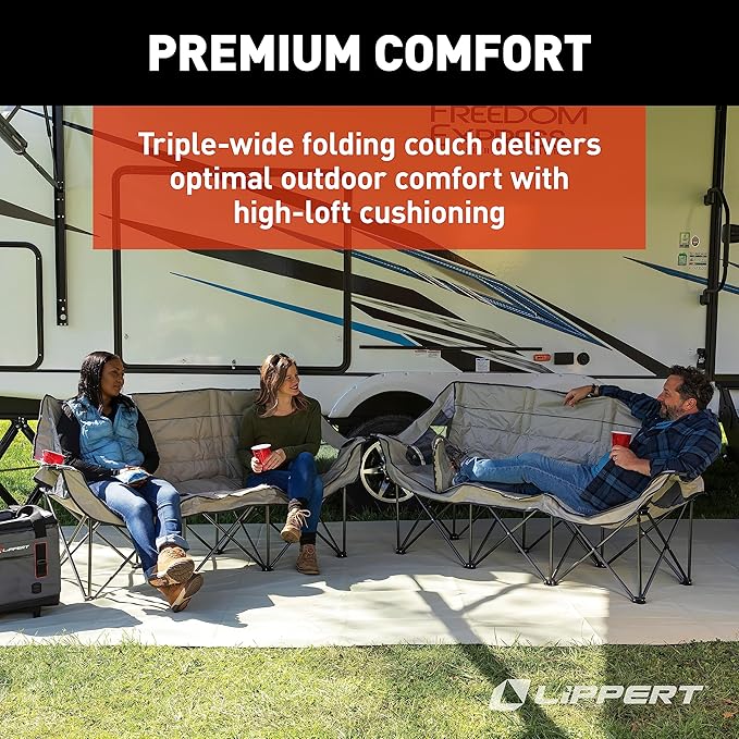 Lippert Campfire Folding Couch - Sand High-Loft Foldable Sofa Dual Cup Holders Power Coated Steel Frame Durable 600D Polyester Fabric for Outdoor Use 500 lb. Capacity 2022114795