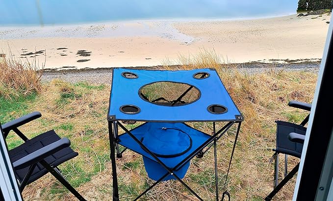 Collapsible Folding Camping Table with Insulated Cooler Cup Holder Mesh Food Basket &amp Travel Bag Blue