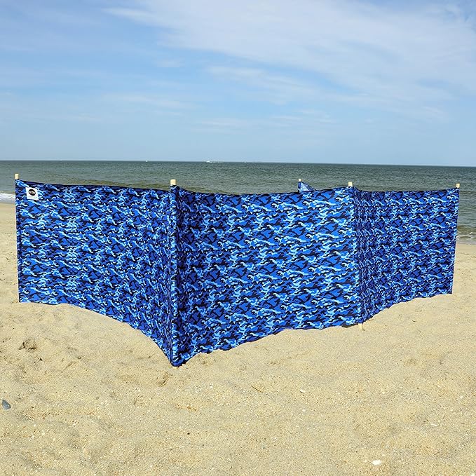 Ocean Camo Pro Beach Recycled Polyester Rip-Stop 20 ft Lightweight Windscreen Privacy Screen Wind Blocker Free Matching Shoulder Bag (New Mahogany Wood Poles)