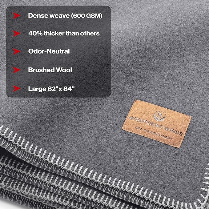 100% Wool Blanket - Premium Ultra-Soft &amp Warm Twin 62x 84 Large Size Blanket for Couch Bed Home Camping &amp Outdoors