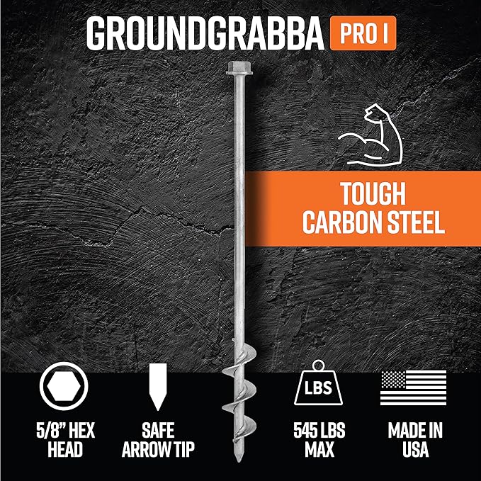 GROUNDGRABBA Screw in Tent Stake for Normal to Hard Ground | Premium Drill Driven Ground Anchor Earth Screws | 4X Pro I Stakes (1.5 Foot) 4X GroundGrabba Closed Hooks 1X 5/8 Hex Socket Driver