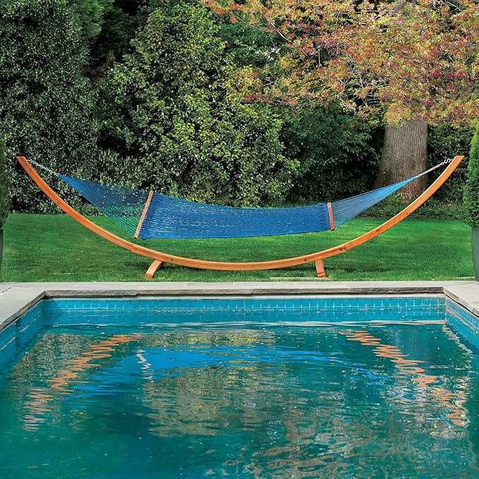 Hatteras Hammocks Deluxe Coastal Blue Duracord Rope Hammock with Free Extension Chains &amp Tree Hooks Handcrafted in The USA 450 LB Weight Capacity 13 ft. x 60 in