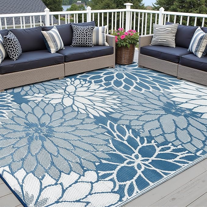 HUGEAR 5'x8' Outdoor Rug Waterproof Plastic Straw Rugs Blue Reversible Floral Mat Floor Carpet for Camping RV Deck Entryance Porch Picnic Balcony Beach Backyard