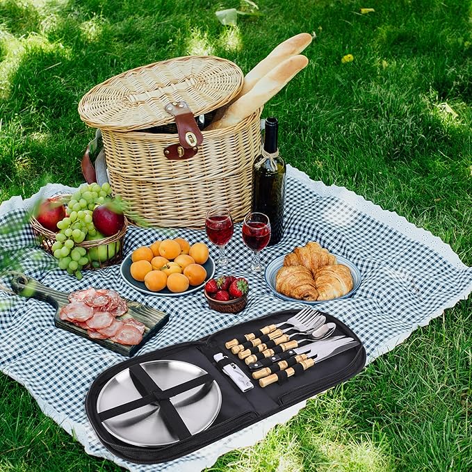 Outdoor Camping Silverware 10Pcs Set Stainless Steel Outdoor Camping Mess Kits Includes Forks Spoons Knives Fork Spoon Dish and Cap Opener Plates - Portable Cutlery Bag
