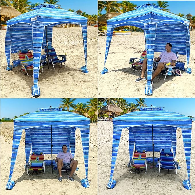 Beach Cabana Canopy Shelter – Sun Shade Tent – 6’ X 6’ - UPF 50+ - Waterproof - Easy Setup – 2 Layer Wind Vent Umbrella – 6 Ft X 6 Ft – BONUS sidewall – Beach Lake Park for Family - 2 to 4 People
