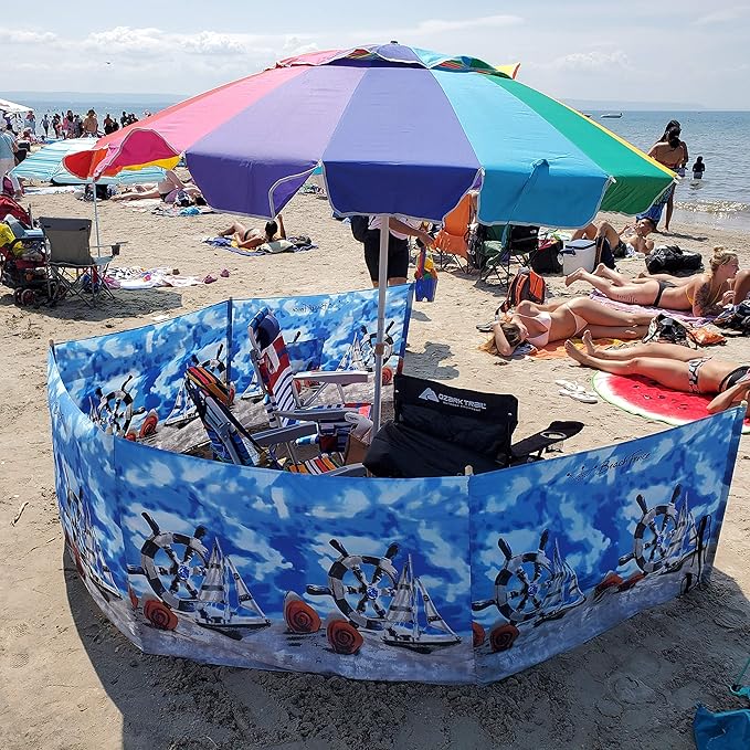 Beach Windscreen Privacy Screen Wind Blocker - Ships and Shells with Mallet and Bag