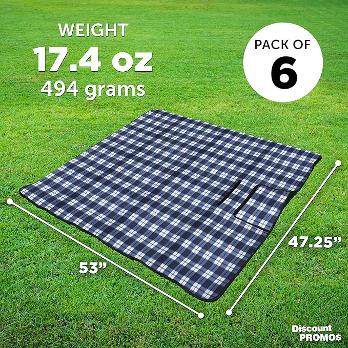 DISCOUNT PROMOS 6 Brookhaven Roll Up Picnic Blankets Set - Fleece Woven Handle - Navy Blue