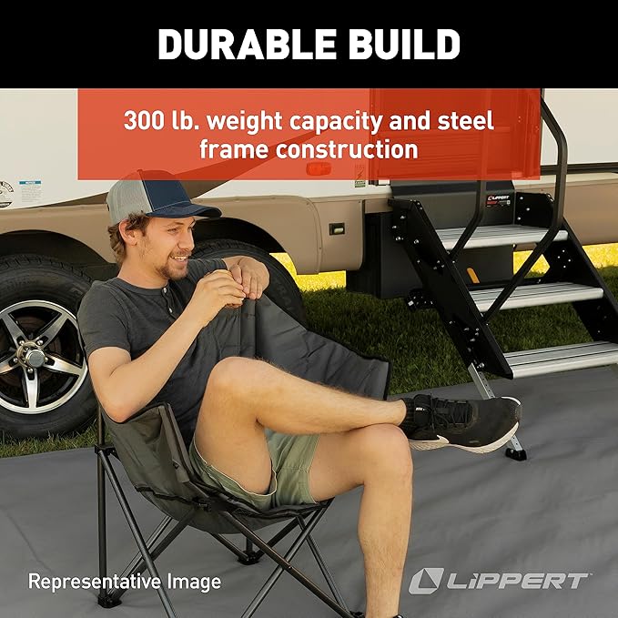 Lippert Campfire Deluxe Folding Chair - Sand High-Loft Foldable Cushion Chair Dual Cup Holders Power Coated Steel Frame Durable 600D Outdoor Polyester Fabric 500 lb. Capacity 2022114828