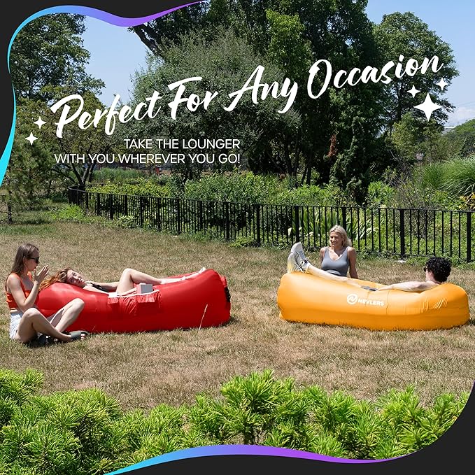 Nevlers Red &amp Saffron Inflatable Lounger 2 Pack | 210T Polyester Blow Up Chair | No-Pump Inflatable Couch Set | Air Couch w/ 450 lbs. Capacity Pockets &amp Carry Bags for Use as Portable Beach C