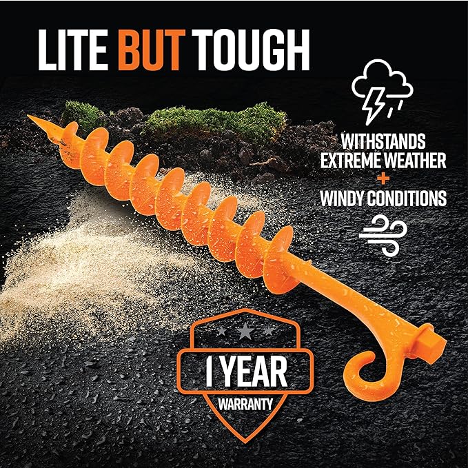 GROUNDGRABBA Lite Orange Tent Stakes - Tent Stakes for Sand | Screw in Earth Ground Anchors for Maximum Grip and Longevity in Soft Surfaces - 4 Pack