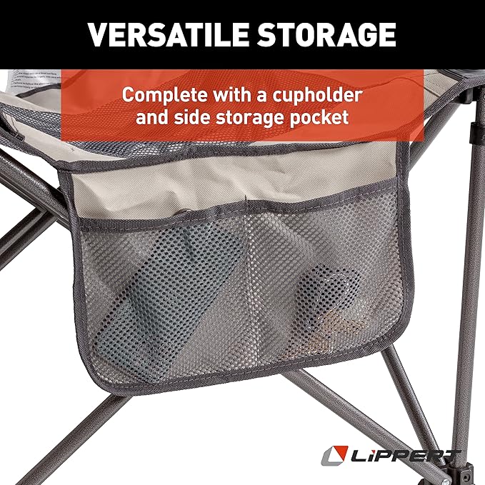 Lippert Sun Soaker Two-Position Vented Reclining Camping Chair with Footrest 600D Polyester Fabric Mesh Back/Seat Padded Headrest Cupholder 250-lb. Weight Capacity Sand Color - 2022114829