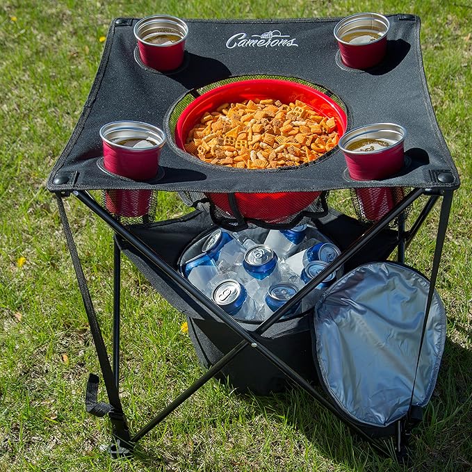 Camerons All-in-One Tailgating Table - Portable Folding Camping Table with Insulated Cooler Food Basket Cup Holders &amp Travel Bag - Collapsible Picnic Table for Outdoor BBQs Beach &amp Camp Tri