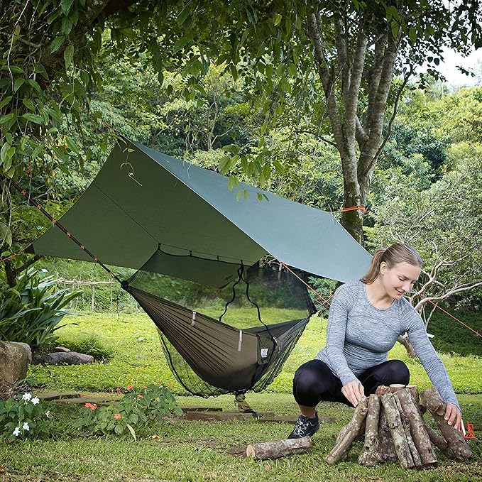Premium Hammock with Rain Fly Bug Net Tree Straps and Dry Bag - Complete Camping Hammock System with Mesh Bug Net - Outdoor Combo Kit with Rainfly Bundle for Backpacking…