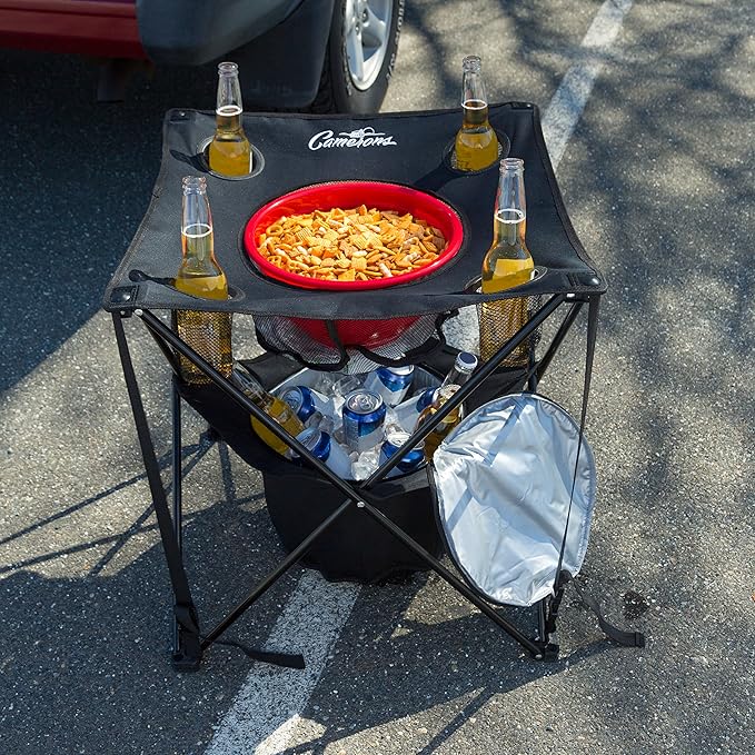 Camerons All-in-One Tailgating Table - Portable Folding Camping Table with Insulated Cooler Food Basket Cup Holders &amp Travel Bag - Collapsible Picnic Table for Outdoor BBQs Beach &amp Camp Tri