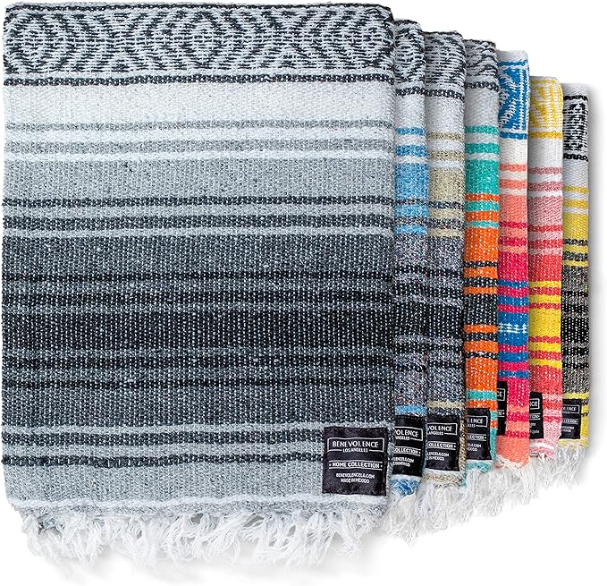 Benevolence LA Authentic Handwoven Mexican Blanket | Yoga Blankets Outdoor Picnic Beach Camping | Equestrian Saddle | Serape 50x70 inches - Gray Pack of 1