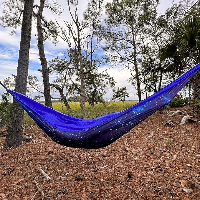 Original Pawleys Island Double Galaxy Camping Hammock with 2 Tree Straps Triple Stitched Durable Nylon Material Compact Design for Backpacking Travel Beach Backyard Patio Hiking